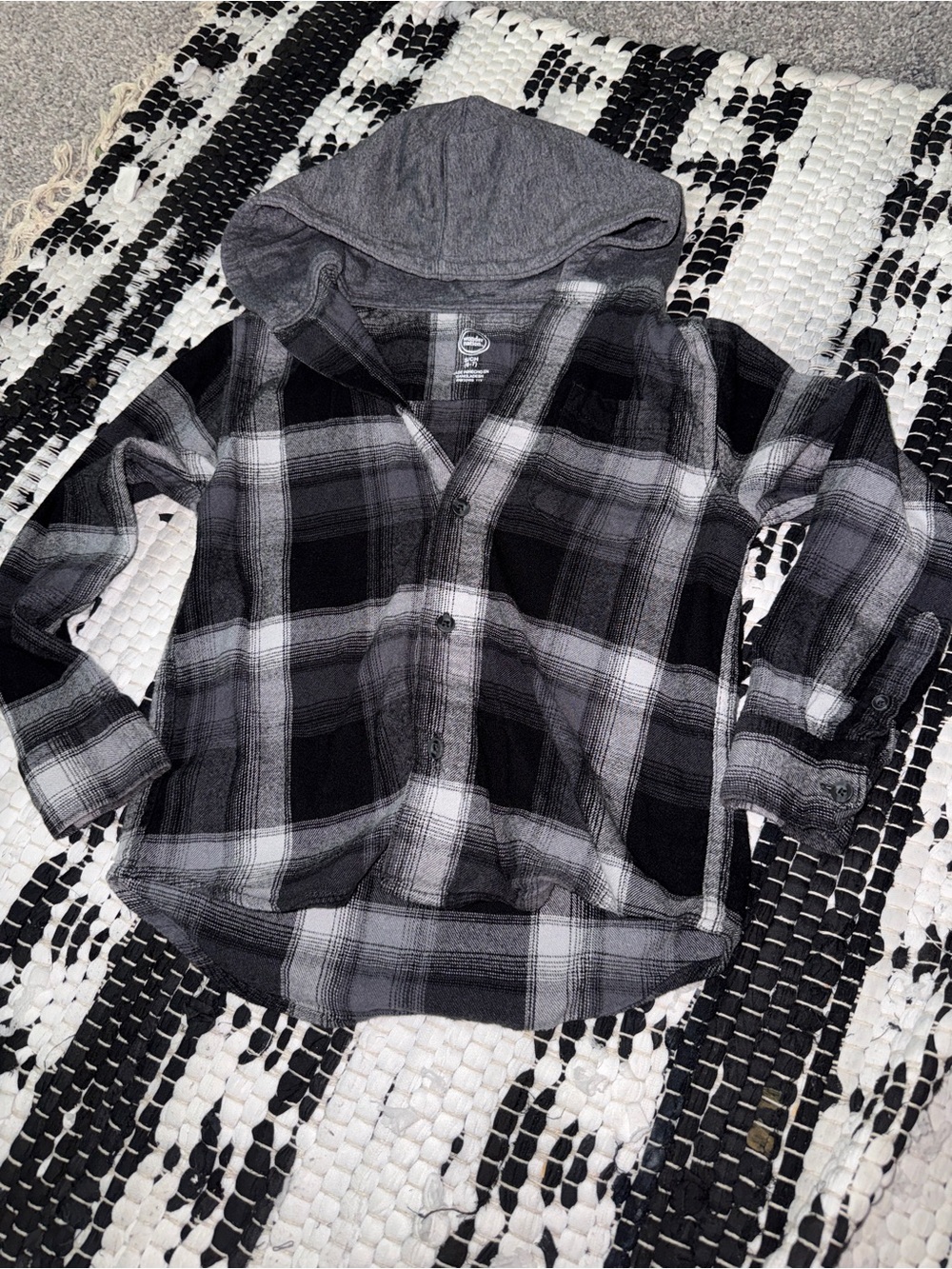 wonder nation Black & Gray Plaid Hooded Button-Down Shirt